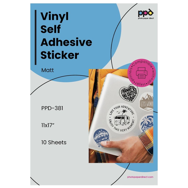PPD Premium Printable Vinyl Sticker Paper for Inkjet Printer - 10 Sheets Matt Sticker Paper 11 x 17 - Self-Adhesive, Waterproof, Tear Resistant, Instant Dry - PPD-381-10 - Image 1